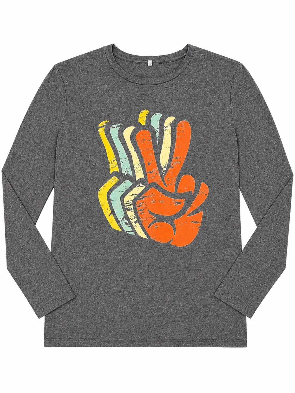 Women’s Long Sleeve Grey Tee with Retro Peace Graphic Medium